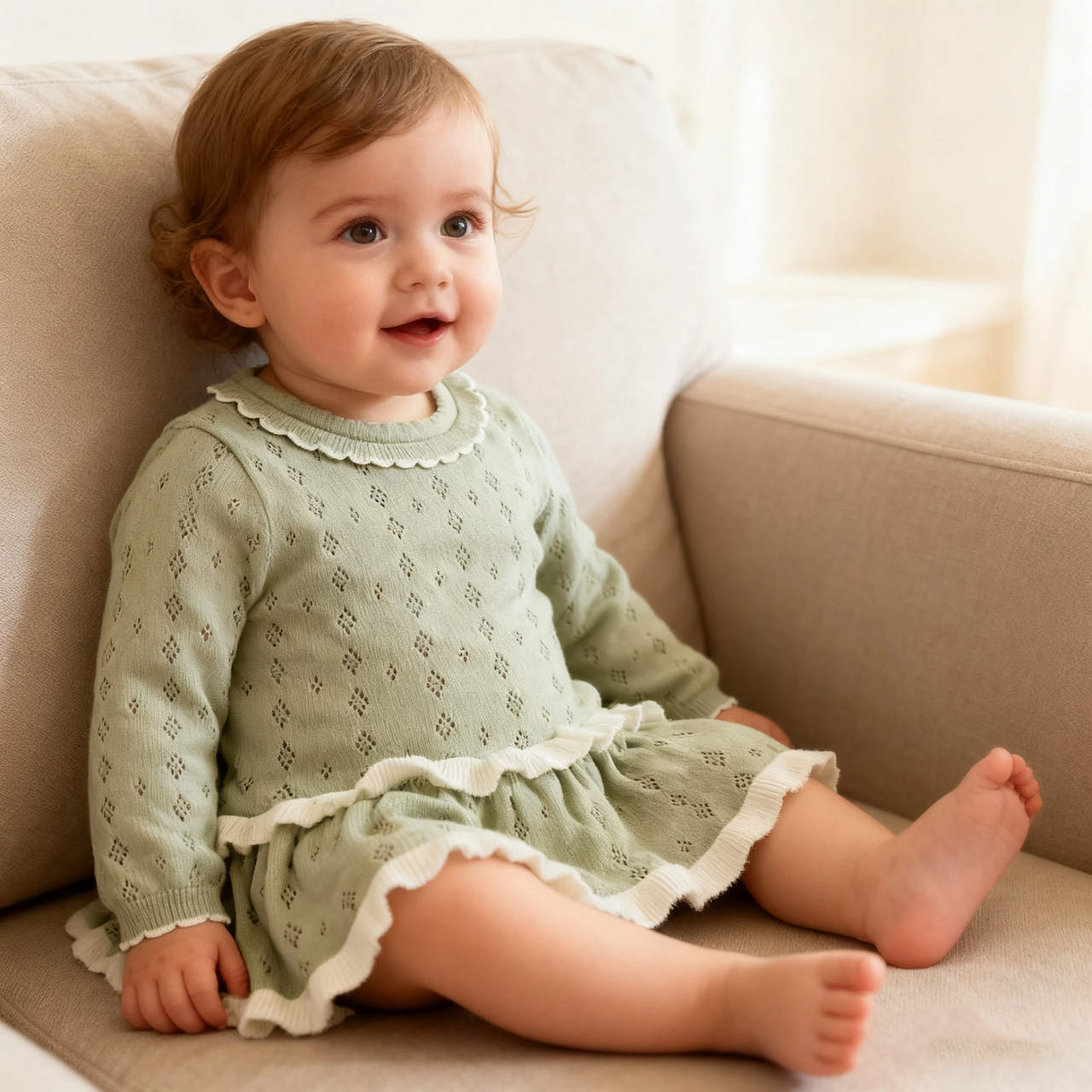 MiniBelle – Elegante e morbida – Abitino da neonato lavorato a maglia con dettagli a volant