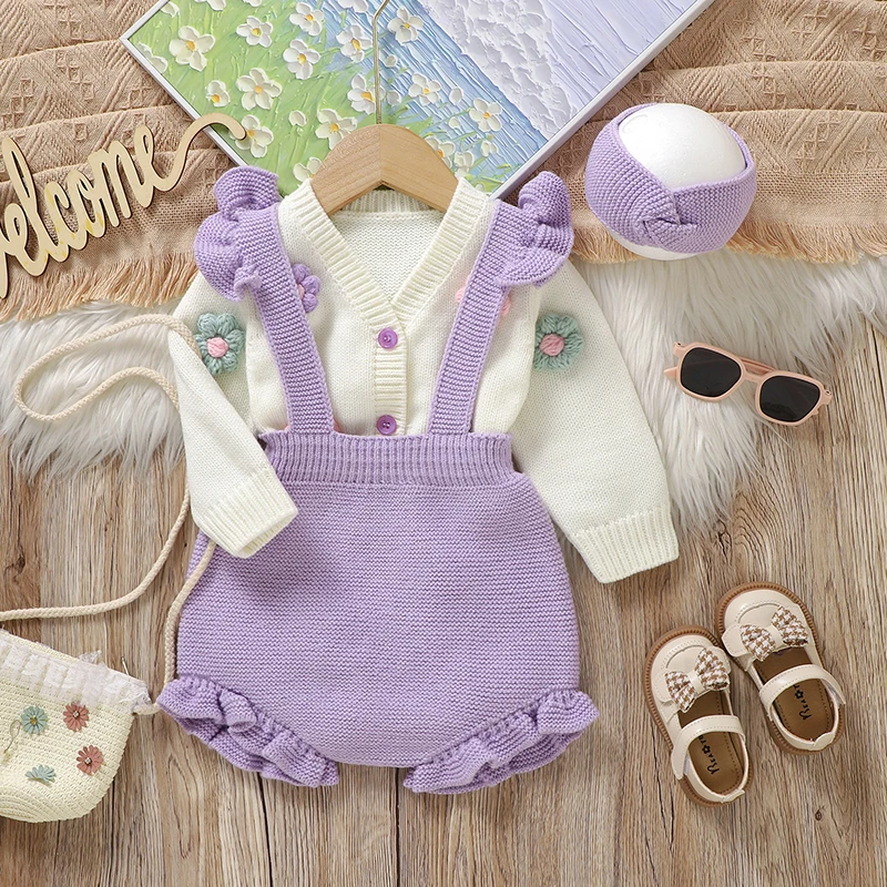 FloraKnit – Morbido e carino – Completo per neonati con cardigan, salopette e cerchietto