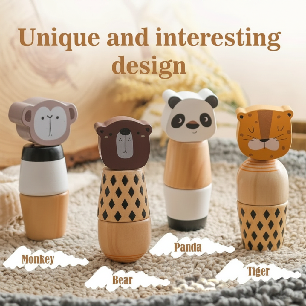 WoodyFriends – Motricità e divertimento – Giocattoli impilabili a forma di animali in legno