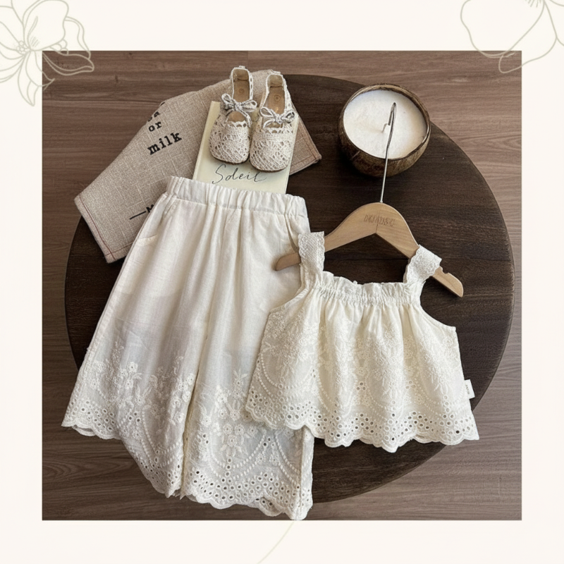 TinyLuxe – Top in pizzo e pantaloni a gamba larga della collezione Zomerset
