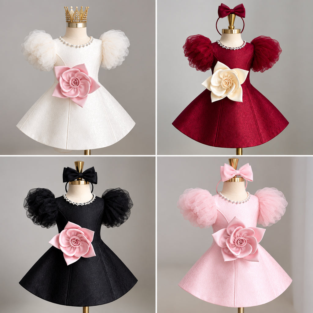 LittleRose – Elegante e festoso – Abito da bambina con fiore 3D e maniche a sbuffo