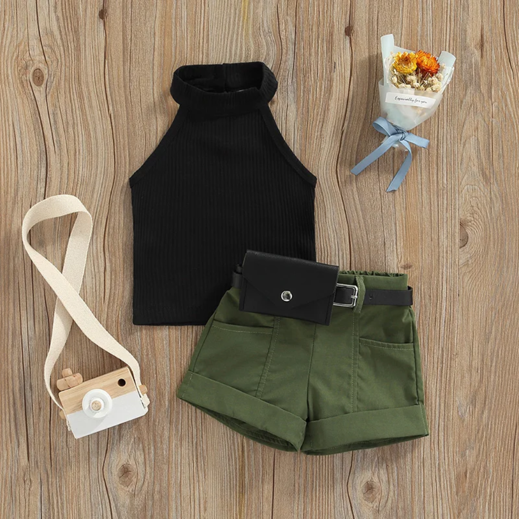 MiniFashionista – Eleganza e tendenze – Set da bambina con top, pantaloncini e marsupio