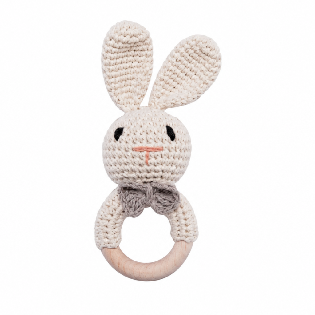 CuddleRattle – Morbido e divertente – Sonaglio per neonati lavorato all’uncinetto con anello in legno