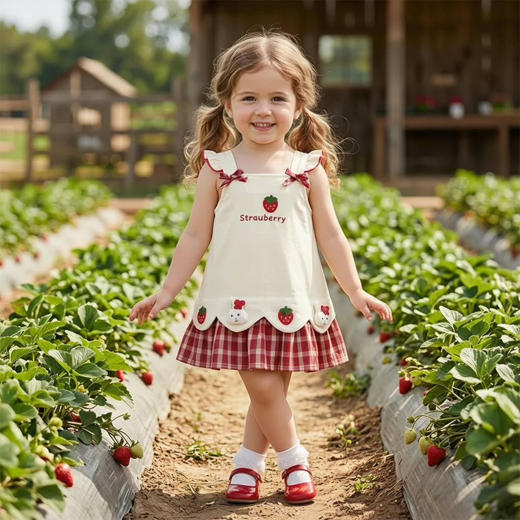 BerryBloom – Dolce e comoda – Abito da bambina con toppa a forma di fragola e coniglietto