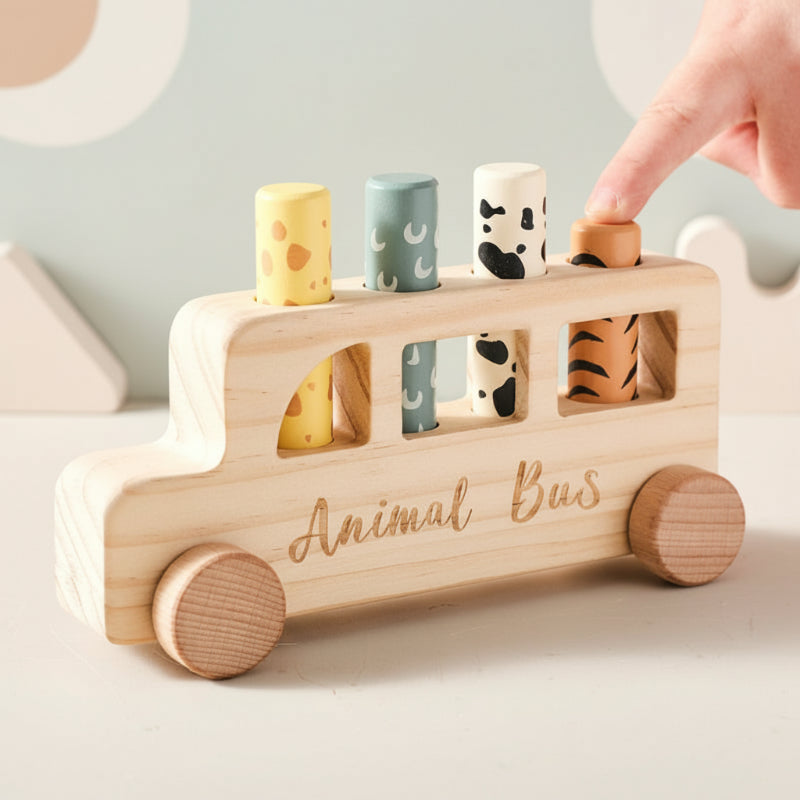 PressBus – Montessori & Educativo – Autobus giocattolo in legno con stampa