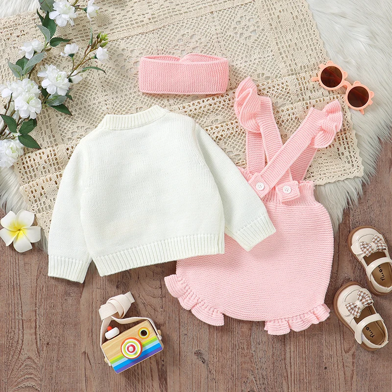 FloraKnit – Morbido e carino – Completo per neonati con cardigan, salopette e cerchietto