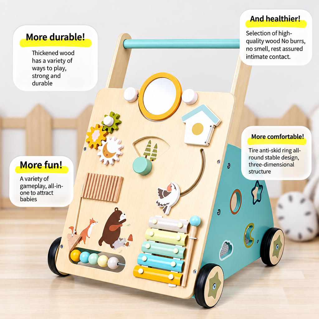 WoodenSteps – Naturale ed educativo – Camminatore in legno per neonati con pannelli di gioco