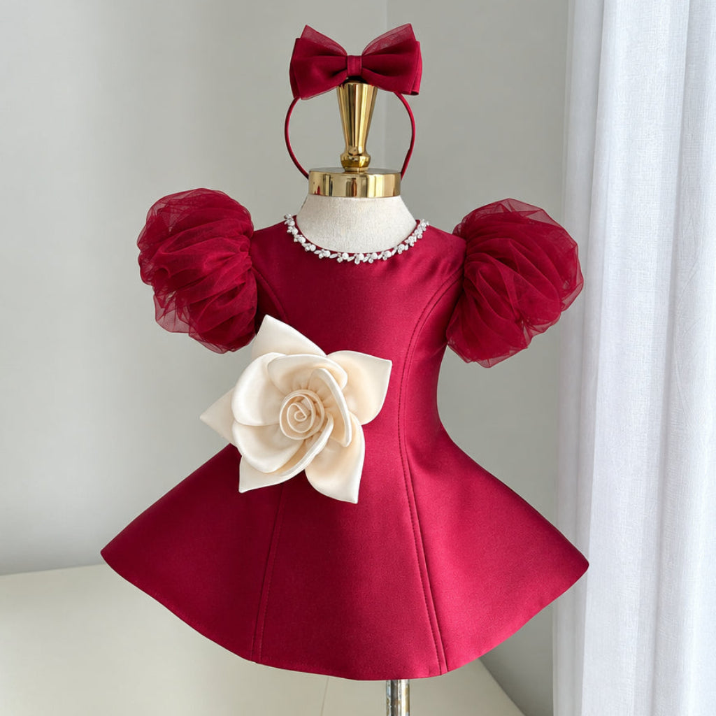 LittleRose – Elegante e festoso – Abito da bambina con fiore 3D e maniche a sbuffo