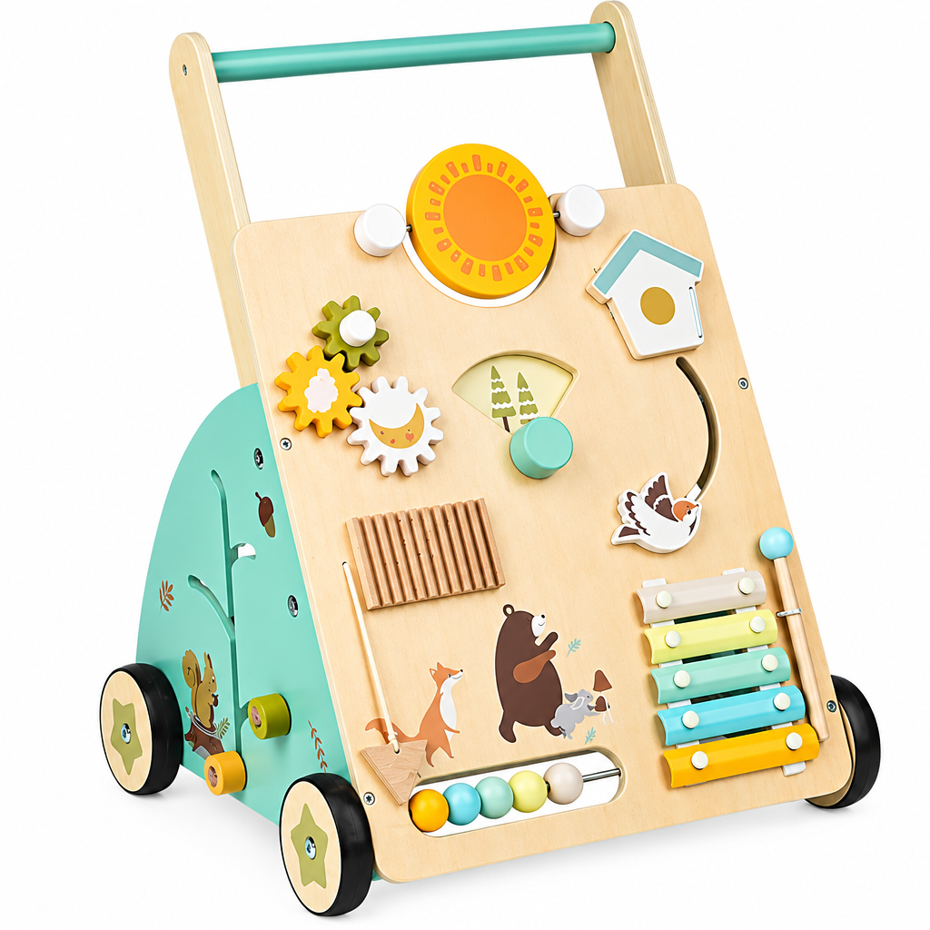 WoodenSteps – Naturale ed educativo – Camminatore in legno per neonati con pannelli di gioco