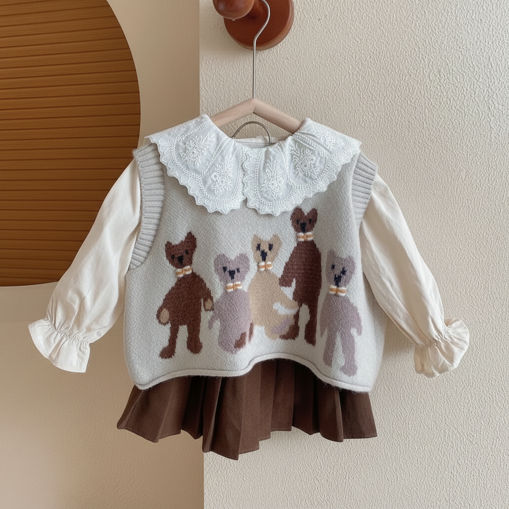 PrettyLayers – Carino ed elegante – Set da 3 pezzi per bambine con gonna, camicetta e cardigan lavorato a maglia