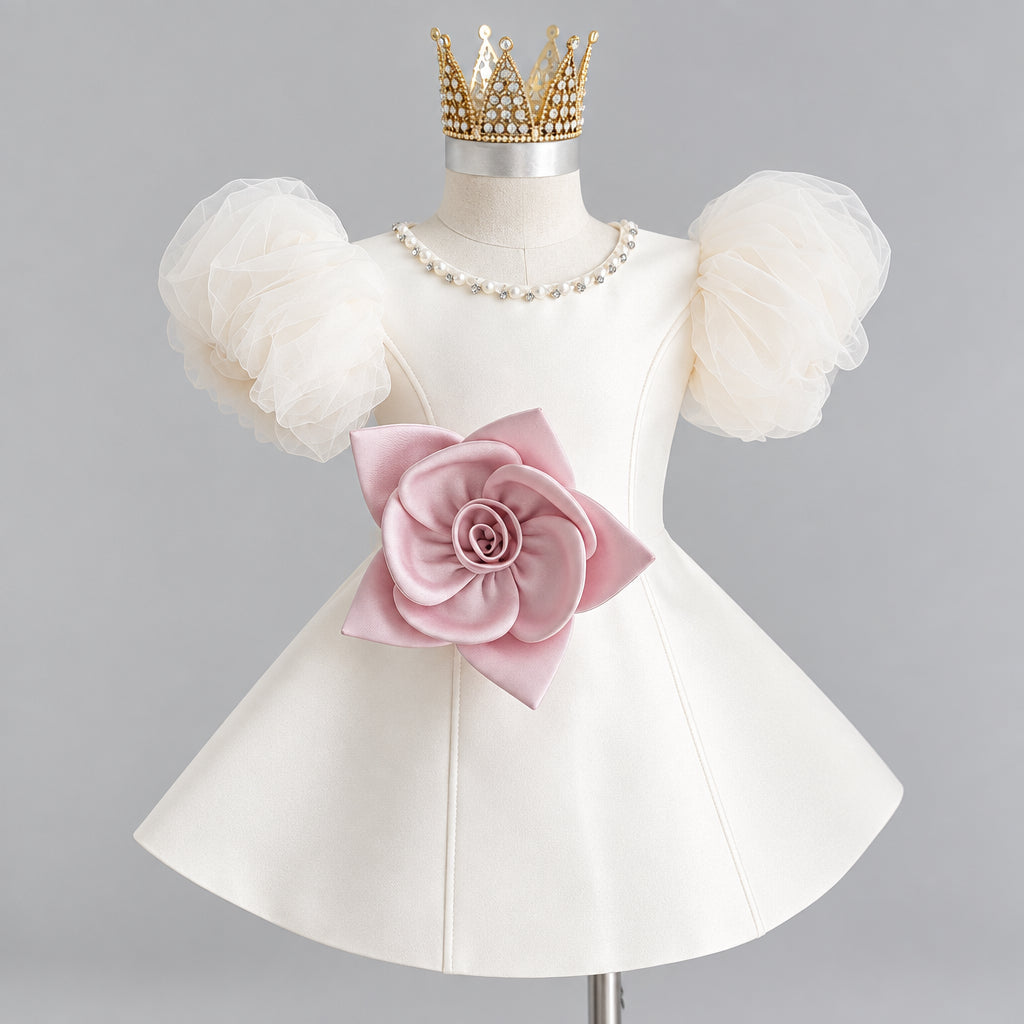 LittleRose – Elegante e festoso – Abito da bambina con fiore 3D e maniche a sbuffo