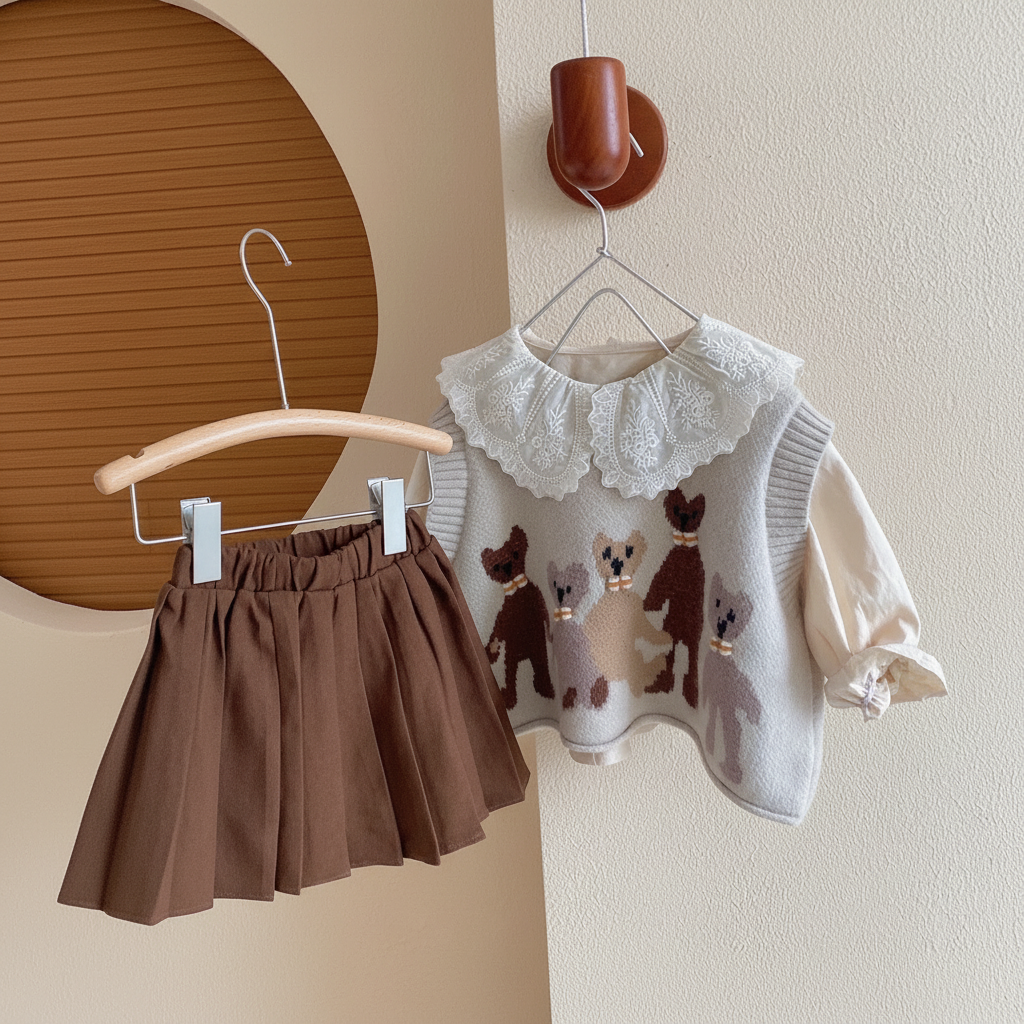 PrettyLayers – Carino ed elegante – Set da 3 pezzi per bambine con gonna, camicetta e cardigan lavorato a maglia