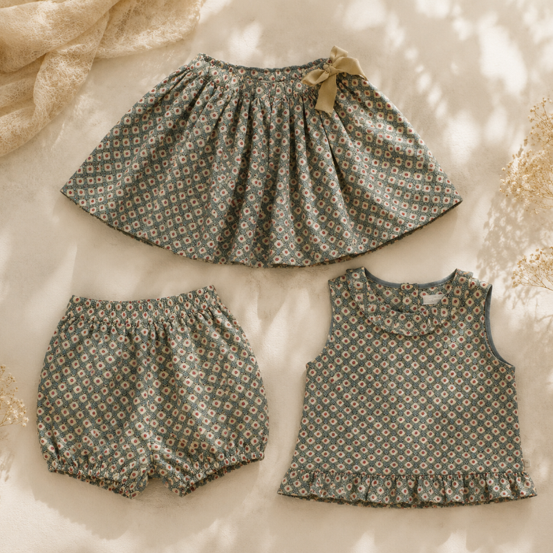 Matching Set – Comodi e con stampa a margherite – Pantaloncini, gonna e camicetta