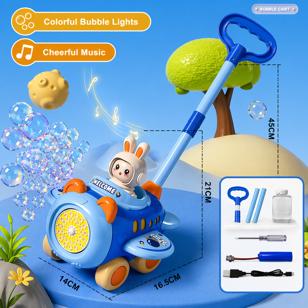 Bubble Blower – Divertente e giocoso – Carretto a spinta con bolle di sapone