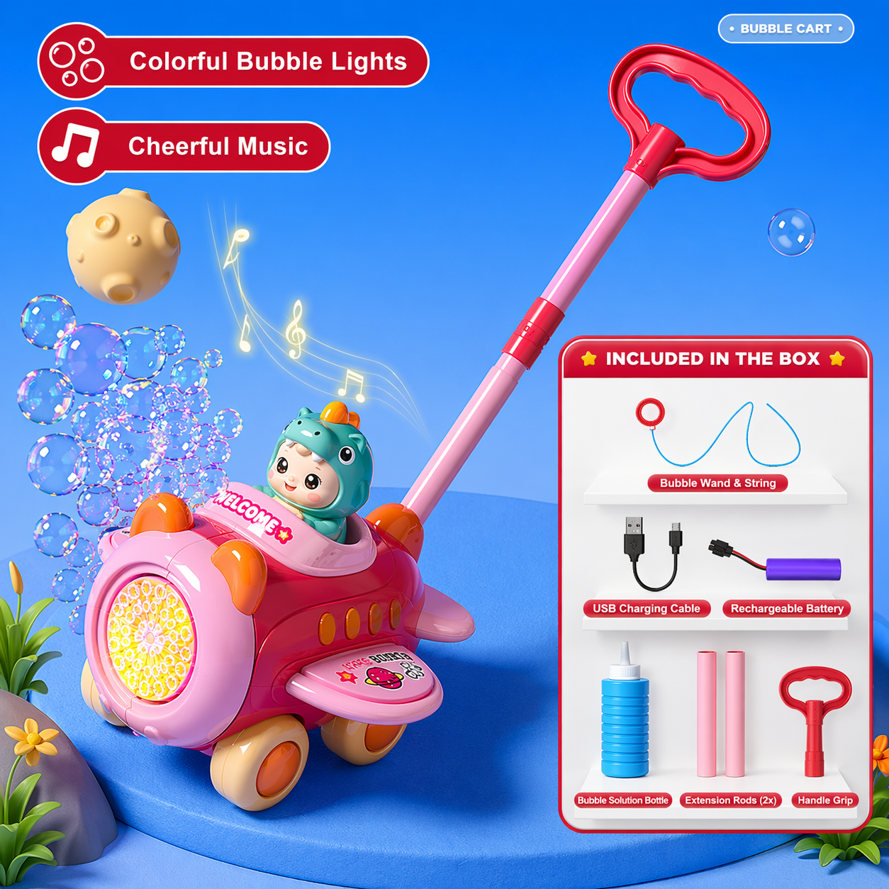 Bubble Blower – Divertente e giocoso – Carretto a spinta con bolle di sapone