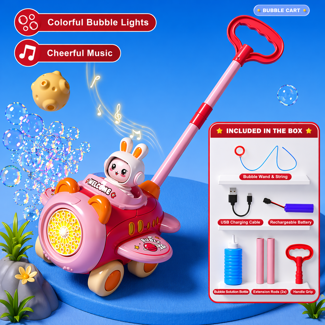 Bubble Blower – Divertente e giocoso – Carretto a spinta con bolle di sapone