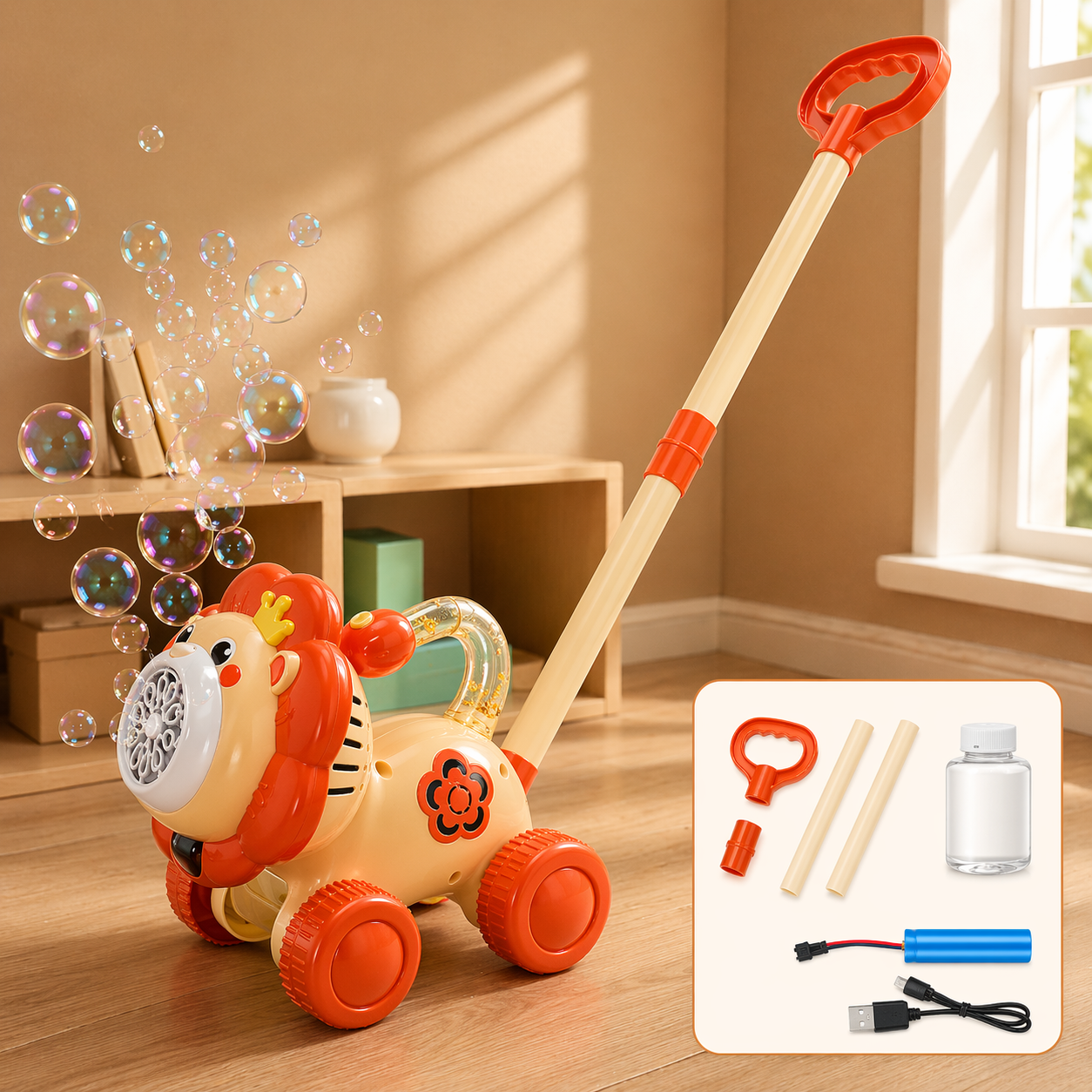 Bubble Blower – Divertente e giocoso – Carretto a spinta con bolle di sapone