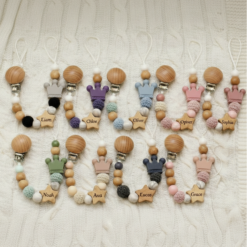 Baby Pacifier Holder – Con nome – Perline personalizzate in legno e silicone