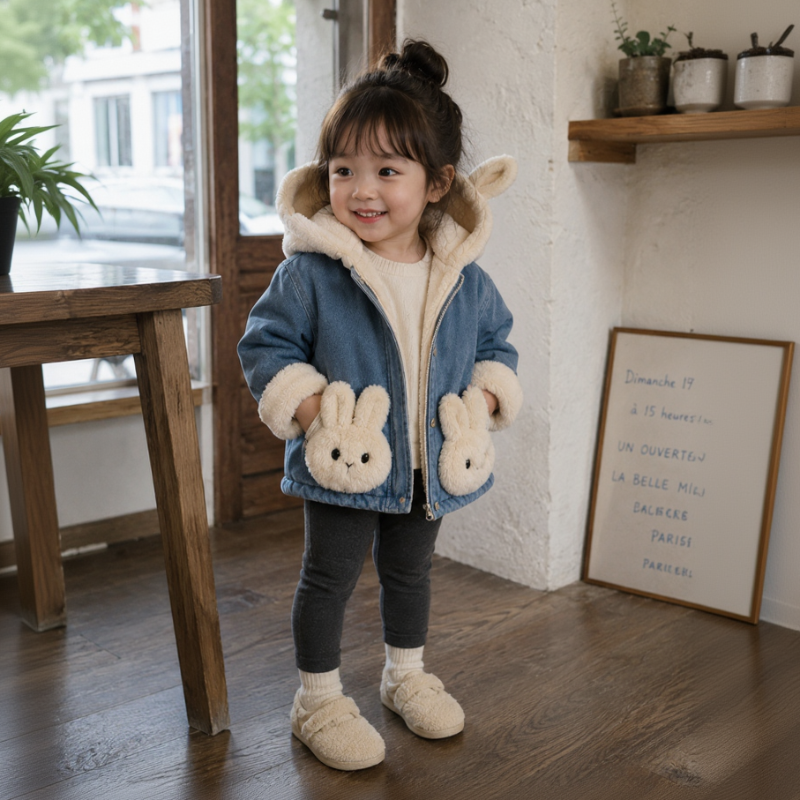 Girls Bunny Denim Coat – Caldo e confortevole – Giacca per bambini