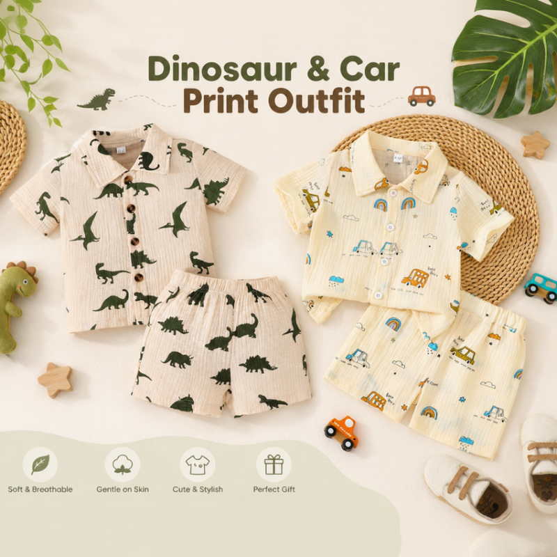 Dinosaur & Car Print Outfit – Grintoso e giocoso – Set di abbigliamento estivo