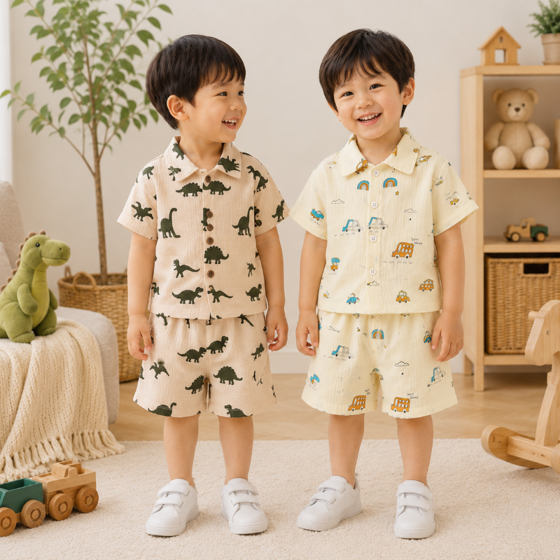Dinosaur & Car Print Outfit – Grintoso e giocoso – Set di abbigliamento estivo