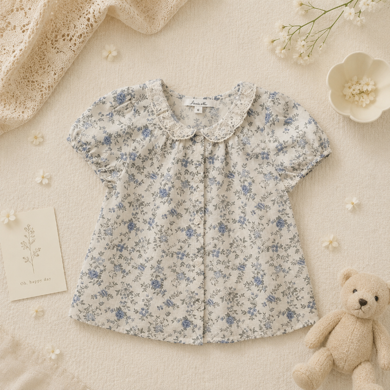 Vine Print Blouse – Leggera e carina – Camicetta per bambina con maniche a sbuffo