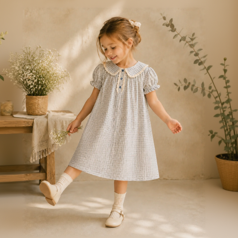 Check Dress – Morbido e traspirante – Collo classico con maniche a sbuffo