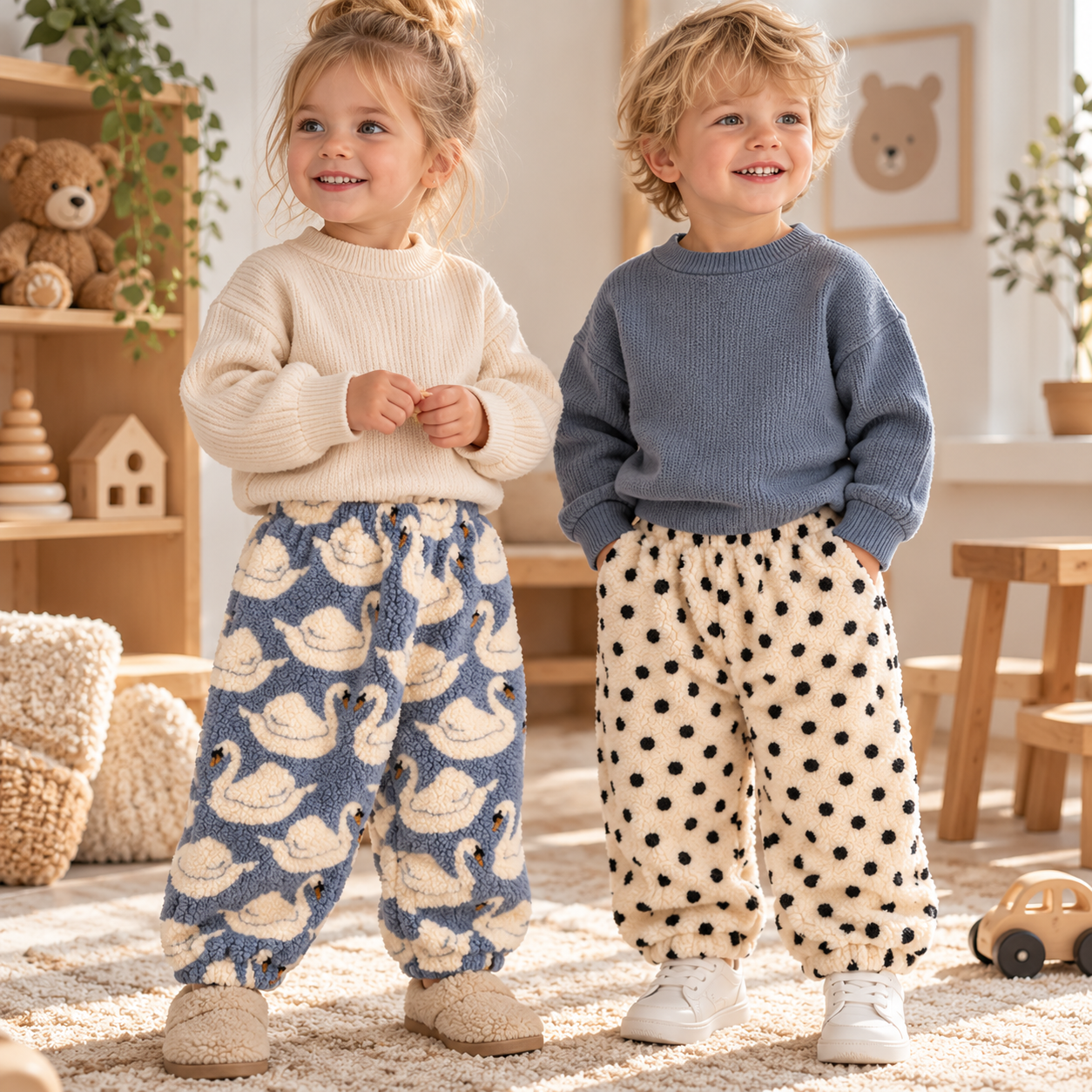 FuzzyPants – Morbidi e caldi – Pantaloni in peluche per bambini con stampe divertenti