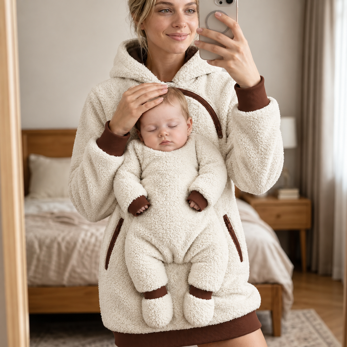 MamaHug – Caldo e pratico – Felpa con cappuccio 2 in 1 per mamma e bambino