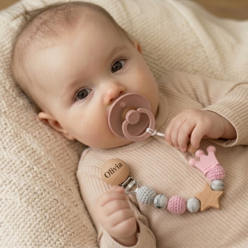 Baby Pacifier Holder – Con nome – Perline personalizzate in legno e silicone