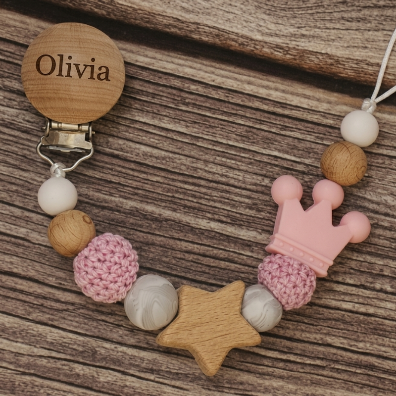 Baby Pacifier Holder – Con nome – Perline personalizzate in legno e silicone