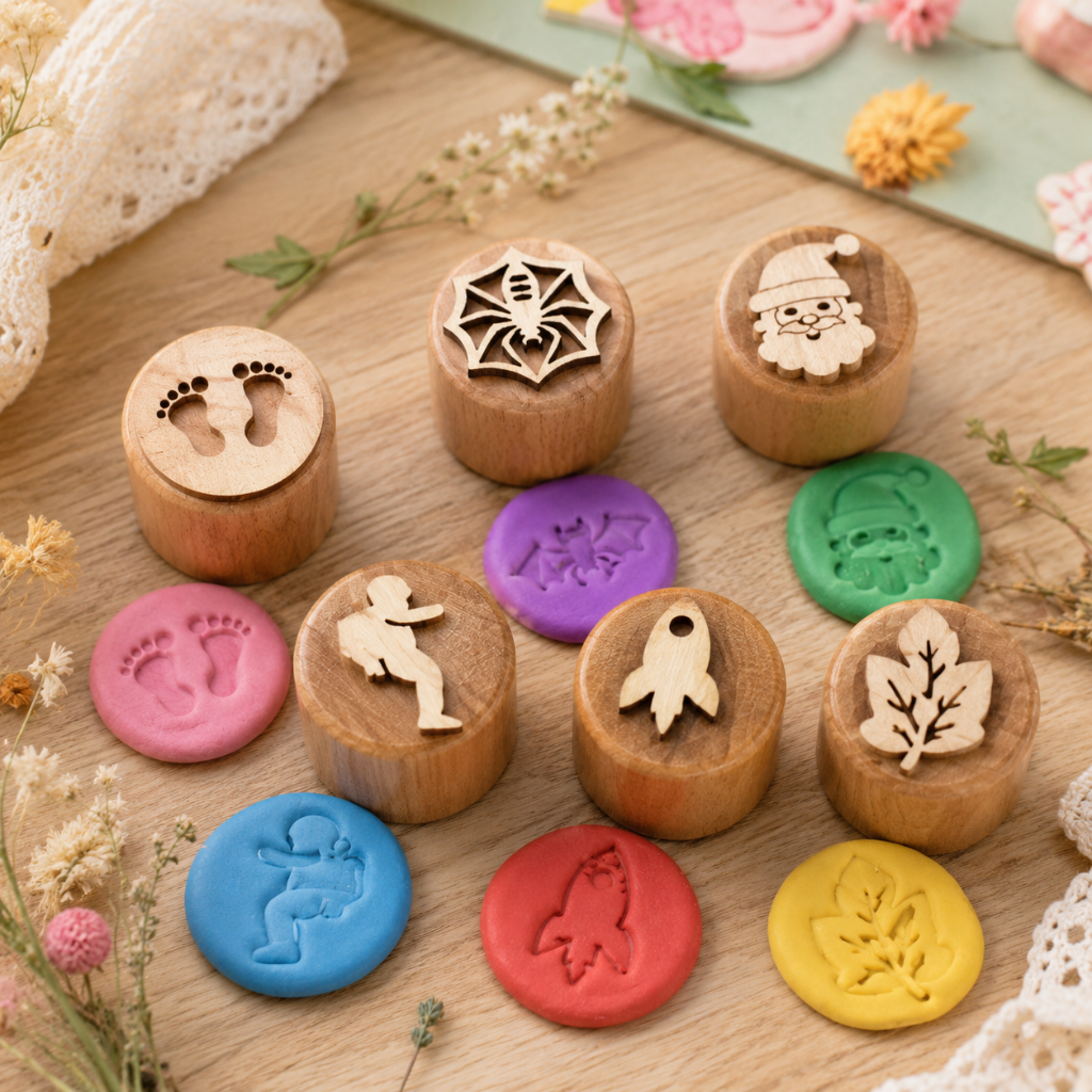 WoodStamp – Montessori & Creatività – 6 timbri in legno per plastilina