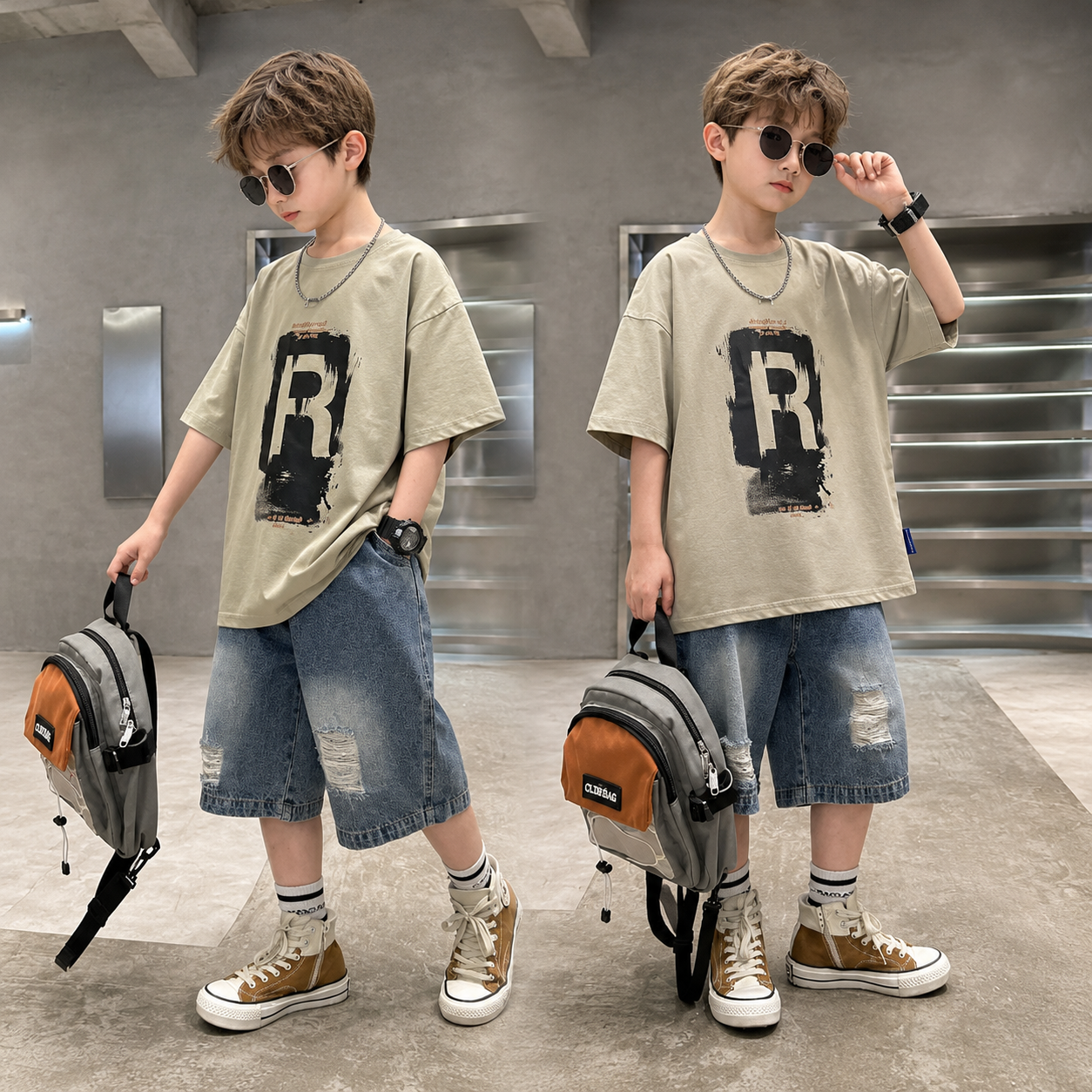 CoolBoys – Grintoso e comodo – Outfit da ragazzo con maglietta e pantaloncini di jeans