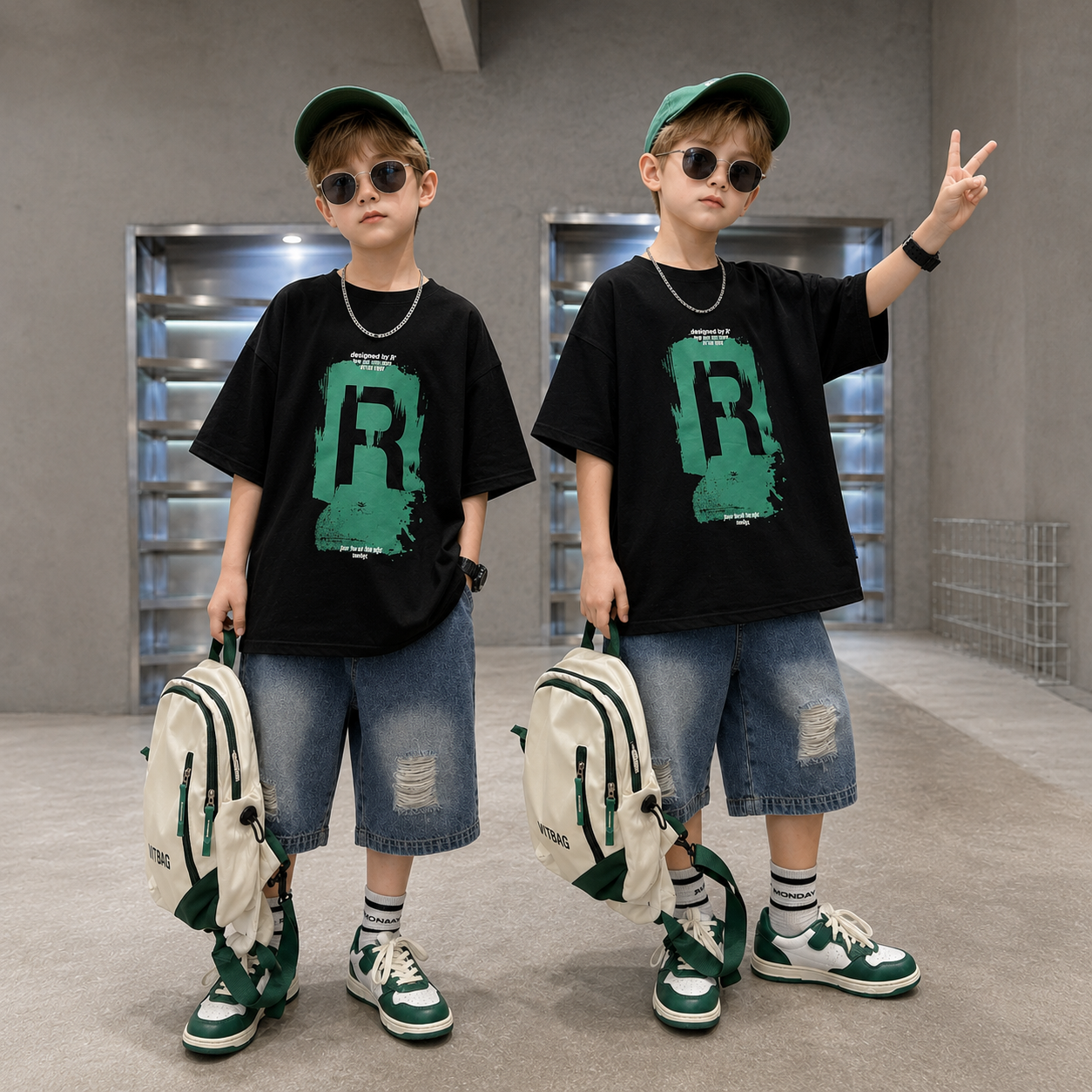 CoolBoys – Grintoso e comodo – Outfit da ragazzo con maglietta e pantaloncini di jeans