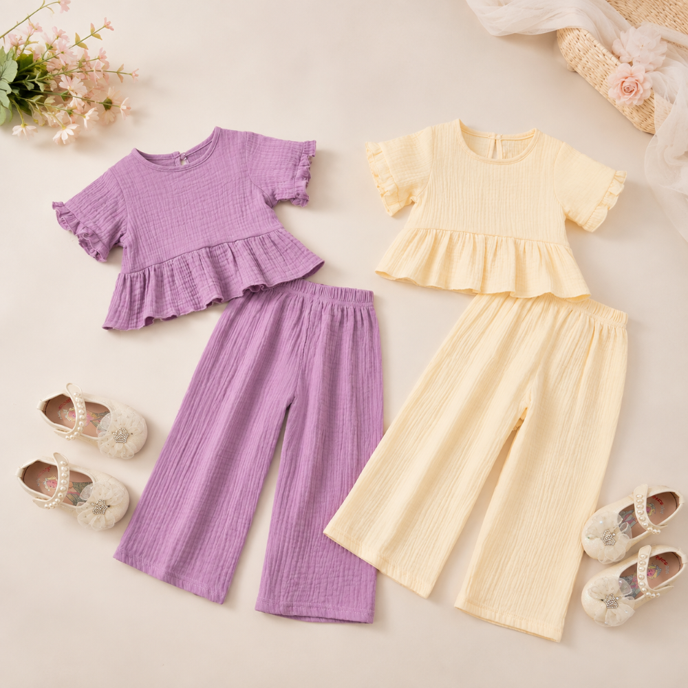 SoftCharm – Elegante e comodo – Set da bambina con top con volant e pantaloni lunghi