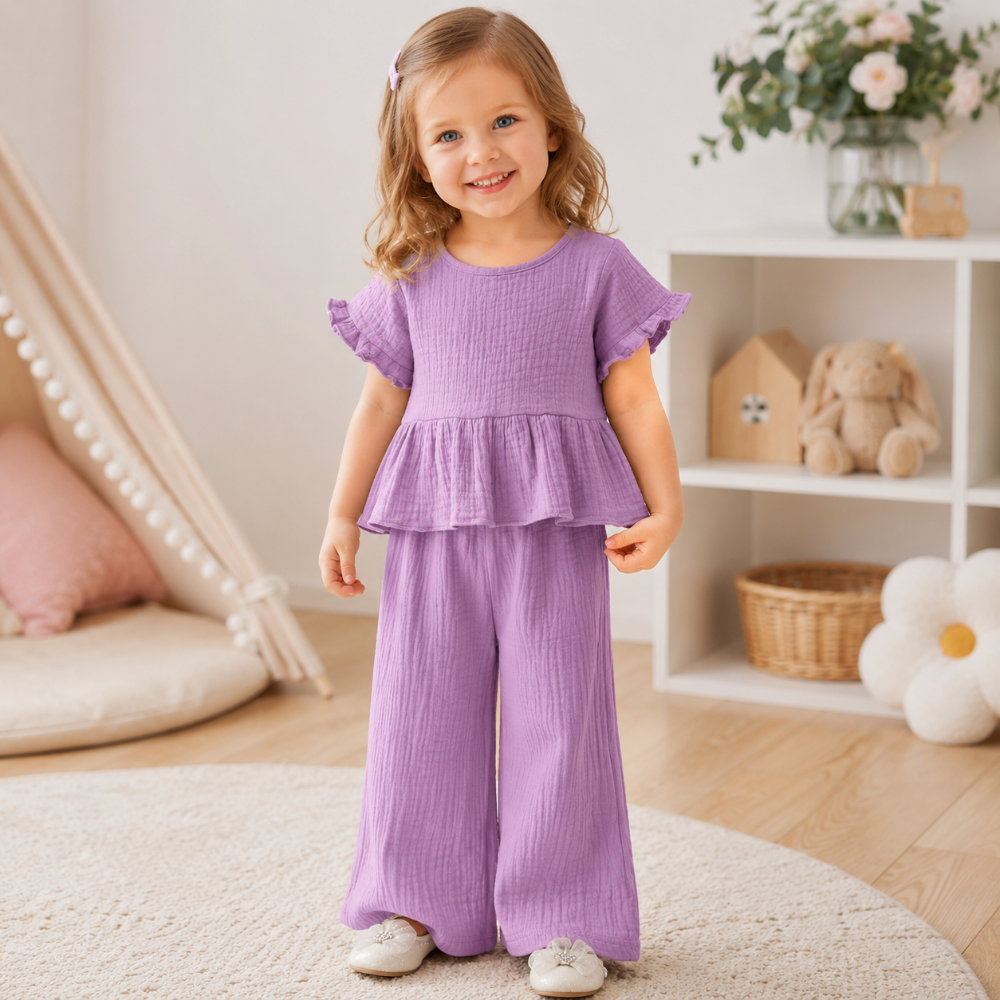 SoftCharm – Elegante e comodo – Set da bambina con top con volant e pantaloni lunghi