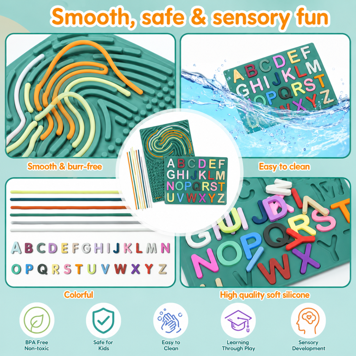 BrainyKids – Educativo e sensoriale – Tavola attività in silicone con lettere