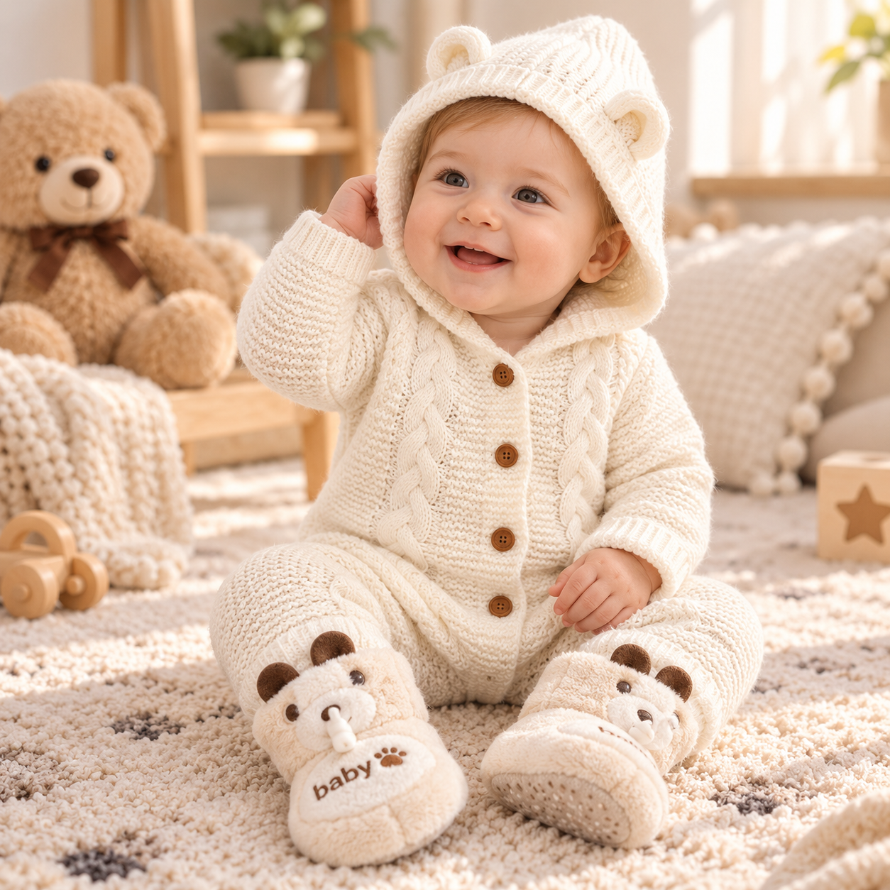 SoftKnit – Caldo e carino – Tutina da neonato lavorata a maglia con cappuccio