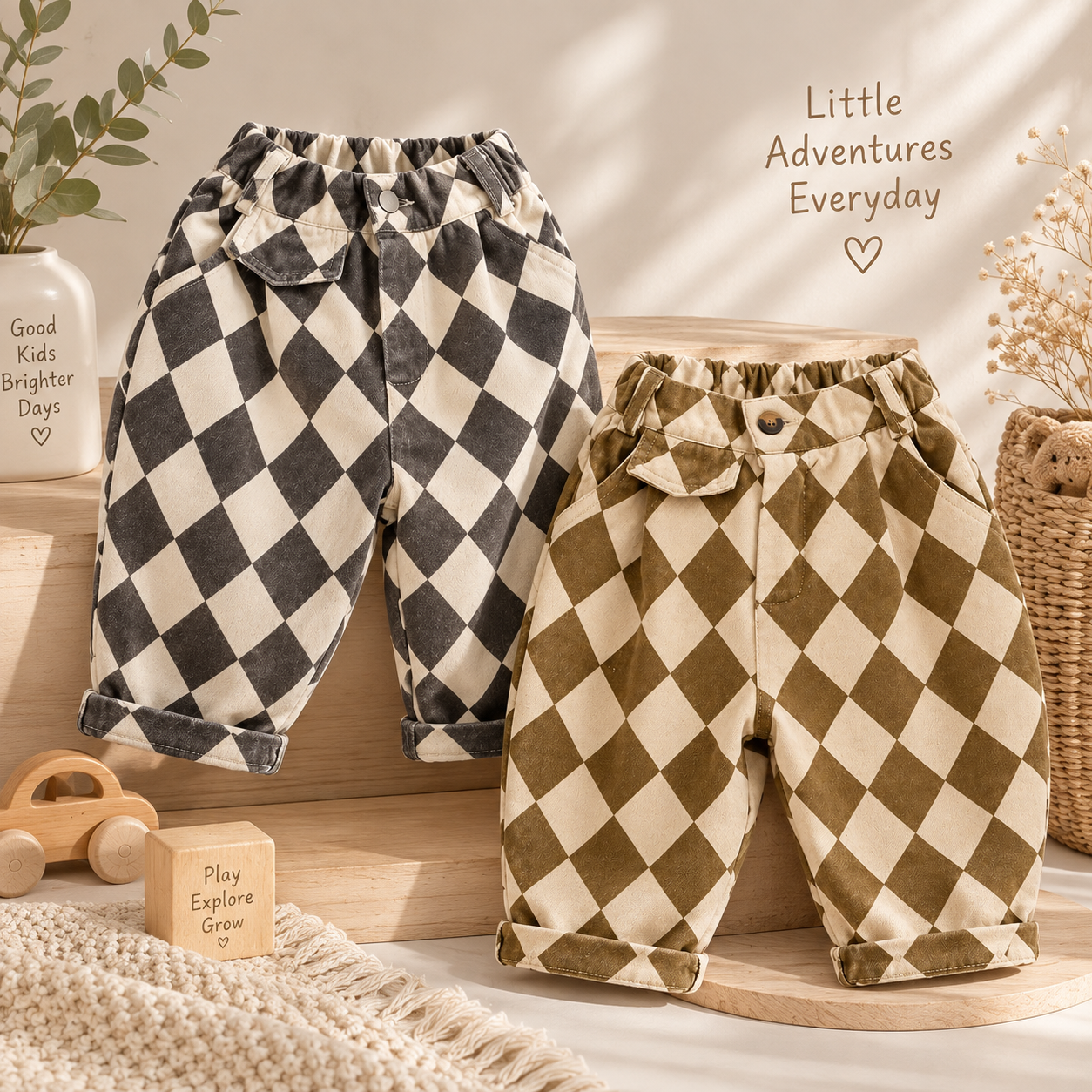 RetroBloom – Comodi e divertenti – Pantaloni per bambini con motivo Argyle