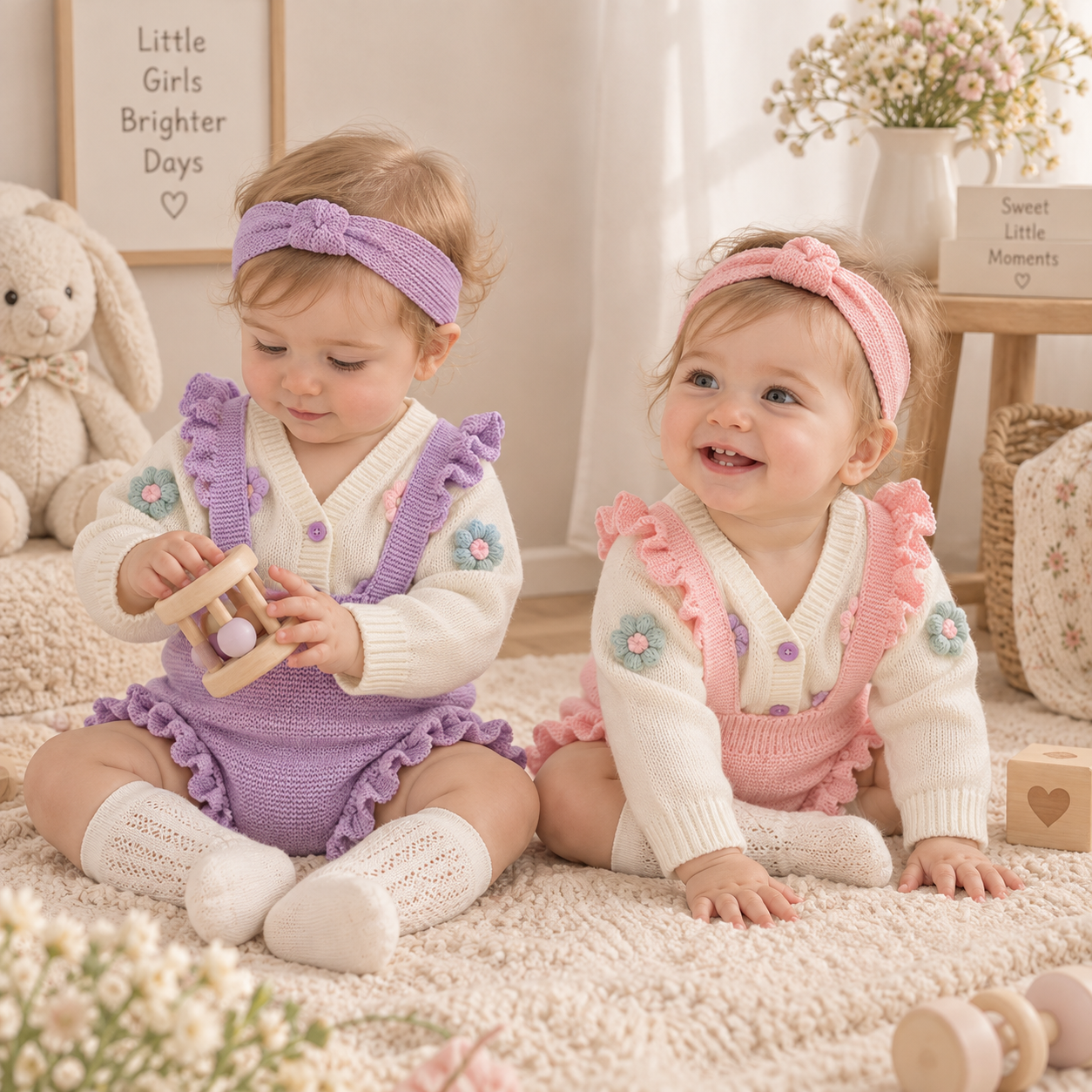 FloraKnit – Morbido e carino – Completo per neonati con cardigan, salopette e cerchietto