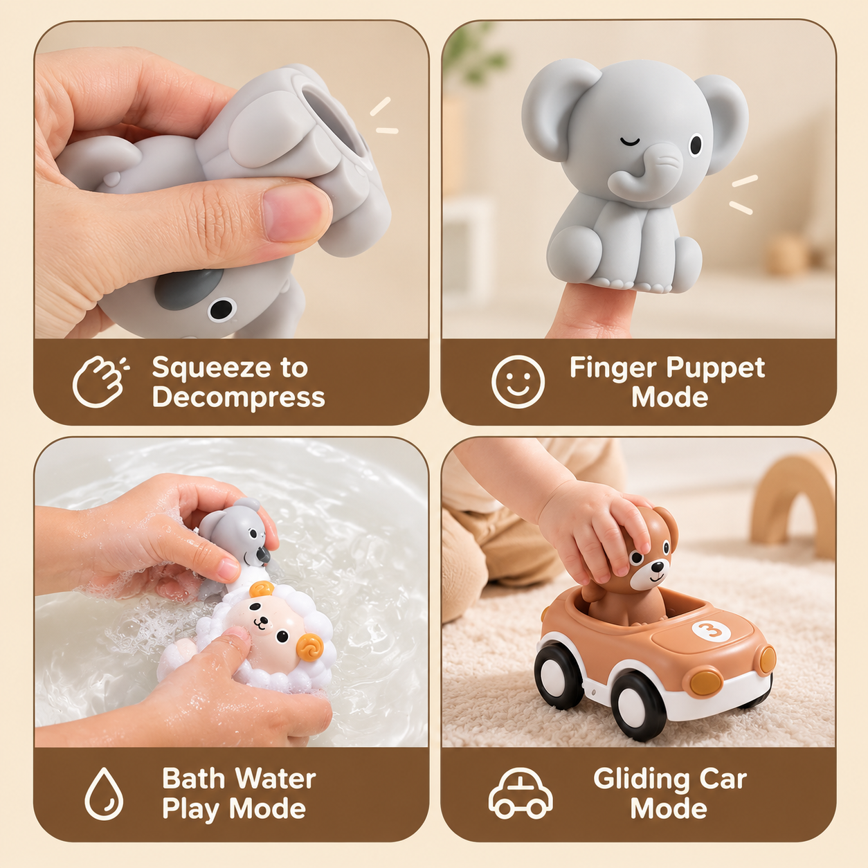 AnimalRide – Divertente e carino – Auto con animaletti in silicone (3 pezzi)