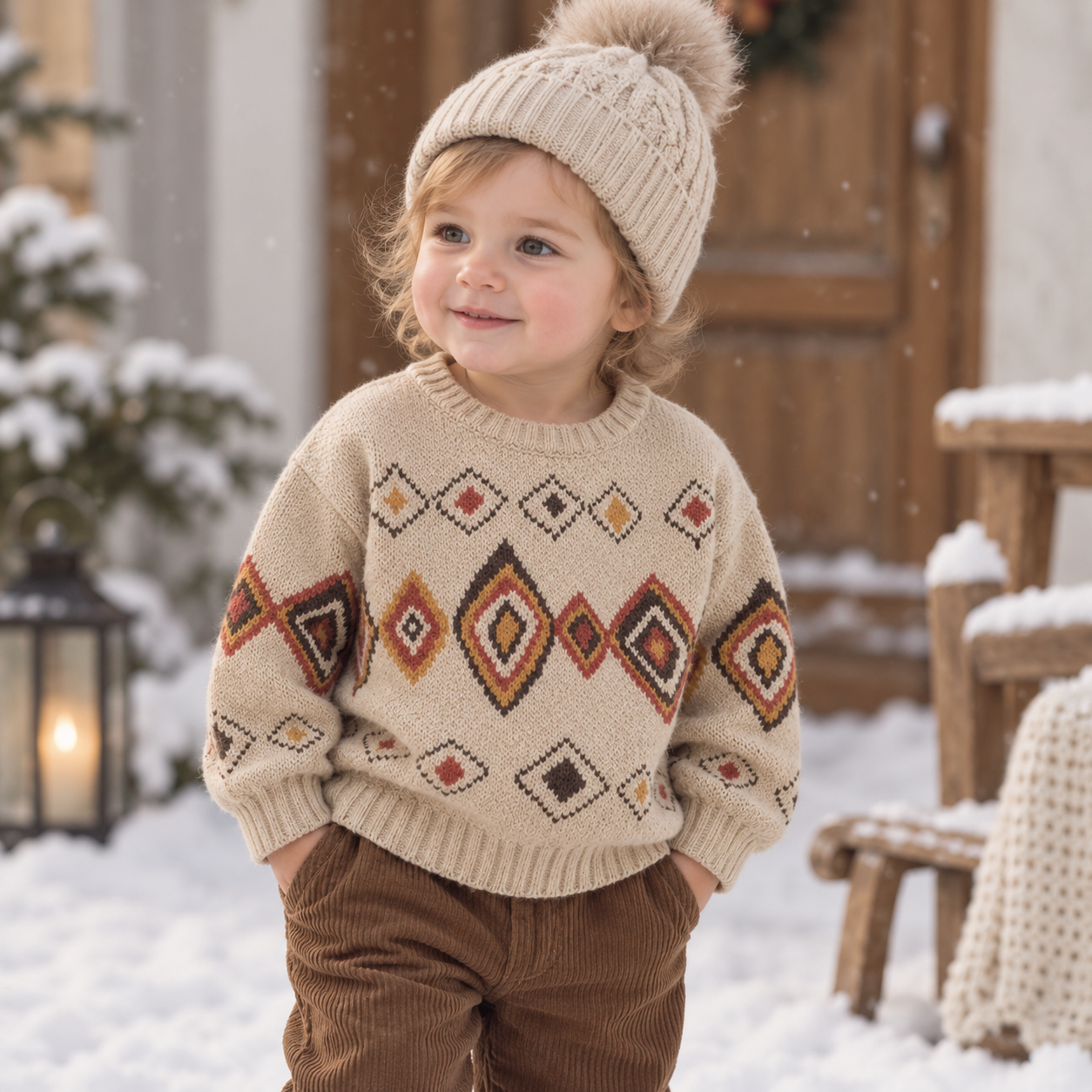 LittleRetro – Caldo ed elegante – Maglione da bambino lavorato a maglia con motivo a rombi