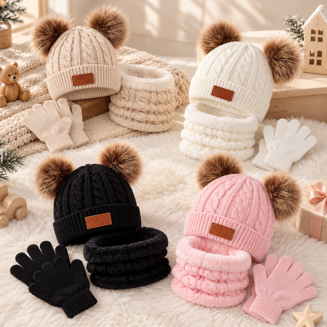 CozyPom – Caldo e morbido - Set invernale con berretto, sciarpa e guanti