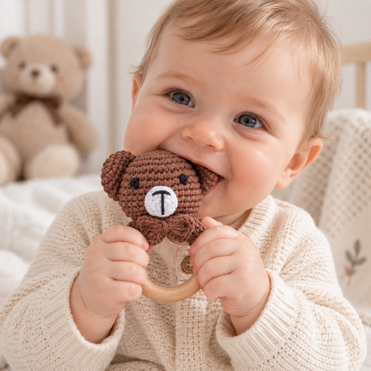 CuddleRattle – Morbido e divertente – Sonaglio per neonati lavorato all’uncinetto con anello in legno