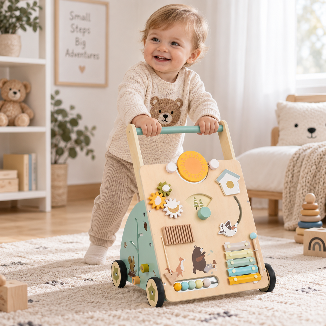 WoodenSteps – Naturale ed educativo – Camminatore in legno per neonati con pannelli di gioco