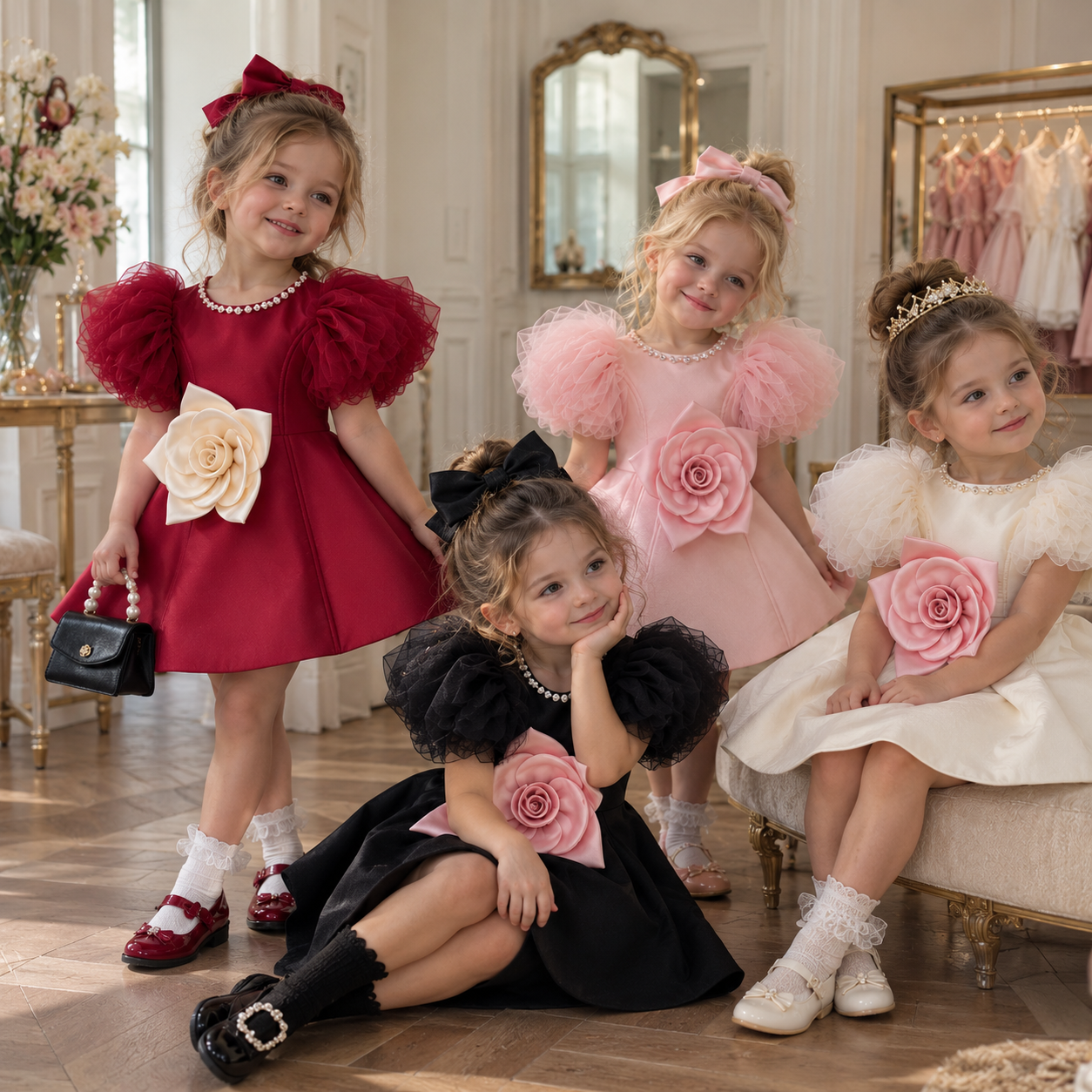 LittleRose – Elegante e festoso – Abito da bambina con fiore 3D e maniche a sbuffo