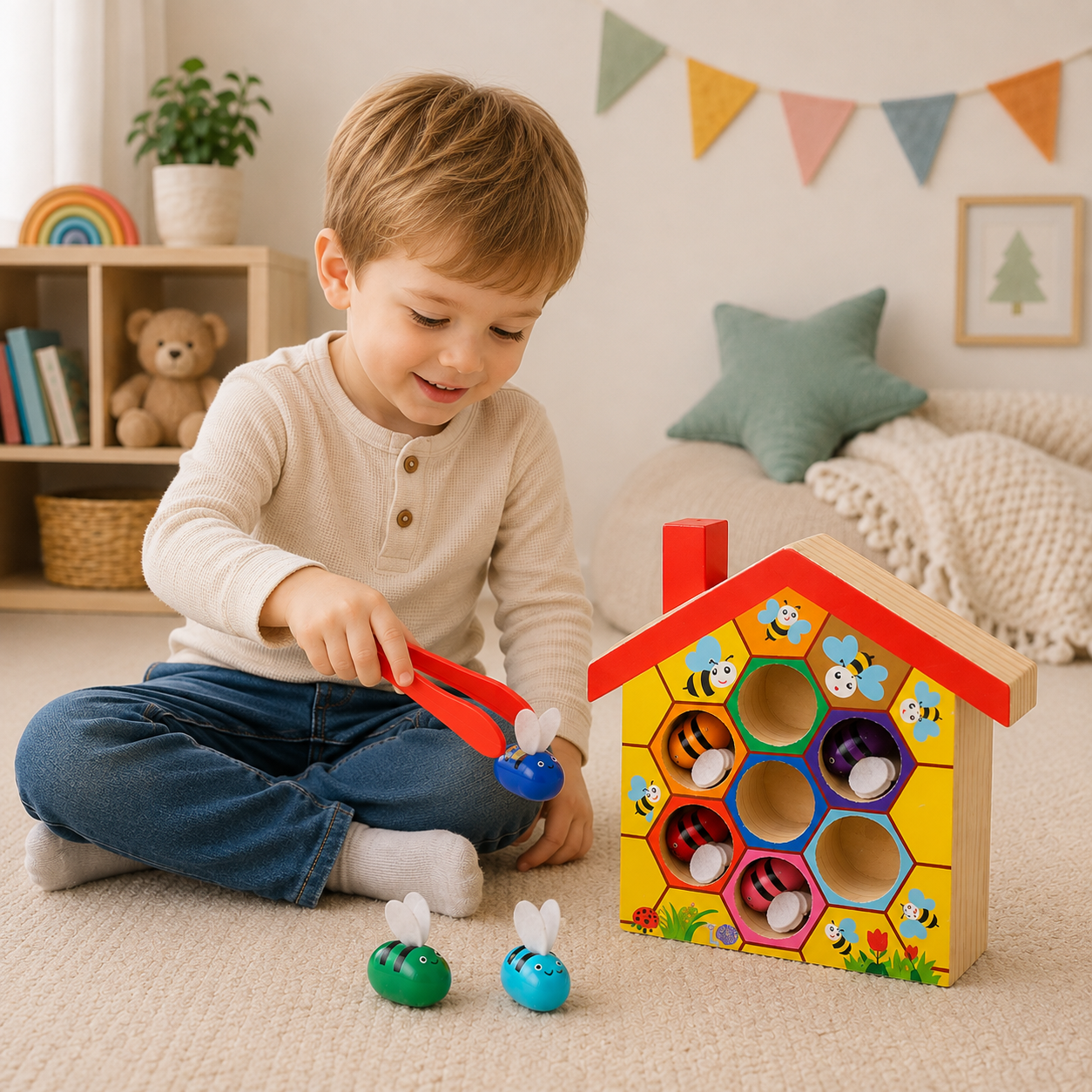 HoneyHive – Montessori & Educativo – Gioco di smistamento delle api in legno