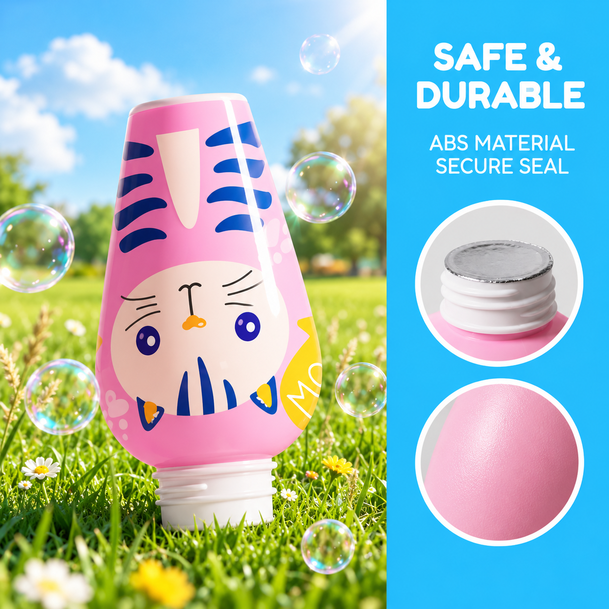 BubblePals – Allegro e divertente – Mini macchina per bolle antiversamento con motivi di animaletti