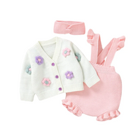 Thumbnail for FloraKnit – Morbido e carino – Completo per neonati con cardigan, salopette e cerchietto