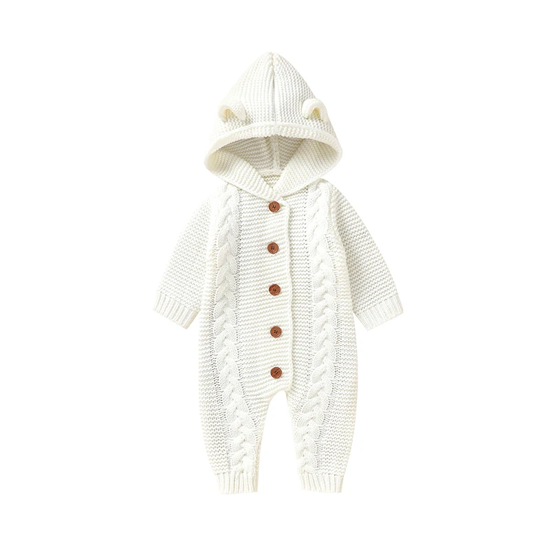 SoftKnit – Caldo e carino – Tutina da neonato lavorata a maglia con cappuccio